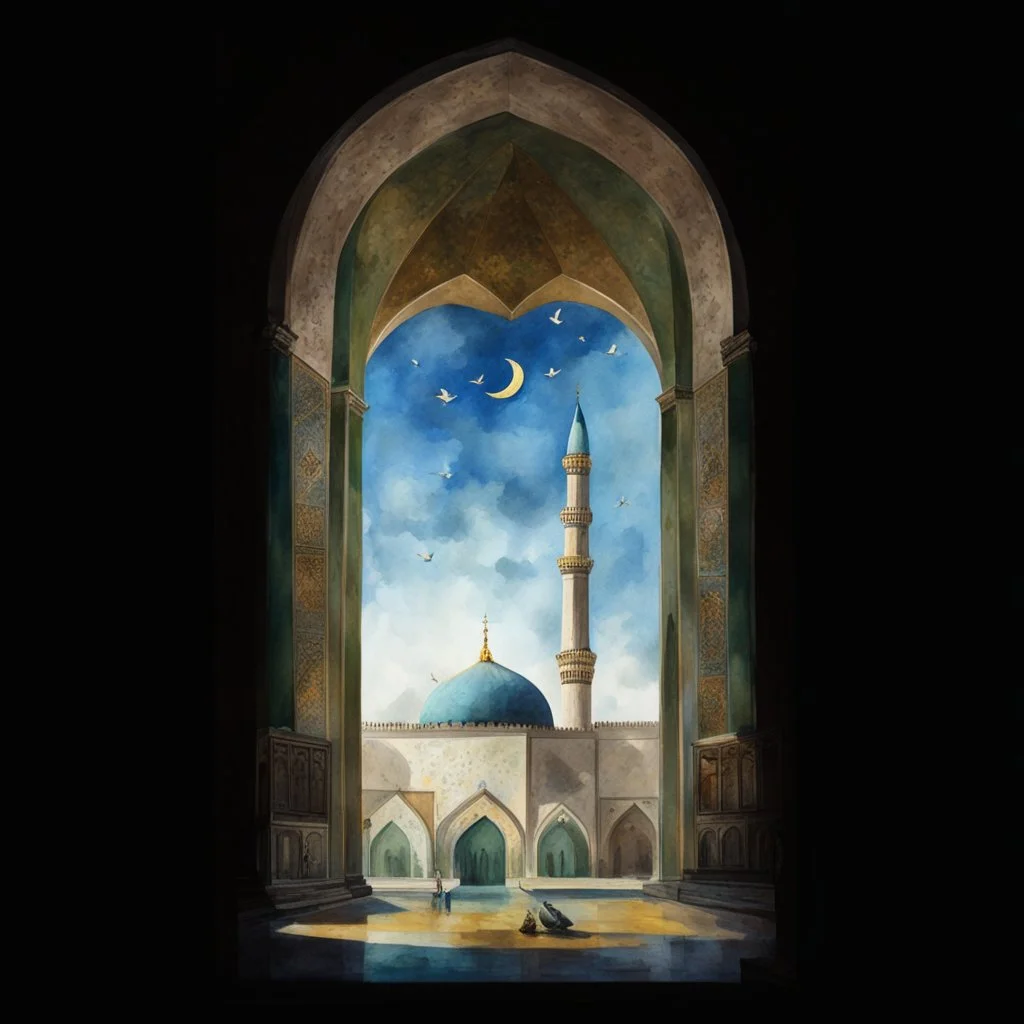 jamkaran mosque in Iran has more blue green color and gold for pattern islamic in the dome . one big domes with beautiful lighting . white Daffodil flower in the floor , clouds with small birds in sky with crescent moon of ramdan . painting watercolor ,simple and islamic style , Painting watercolor