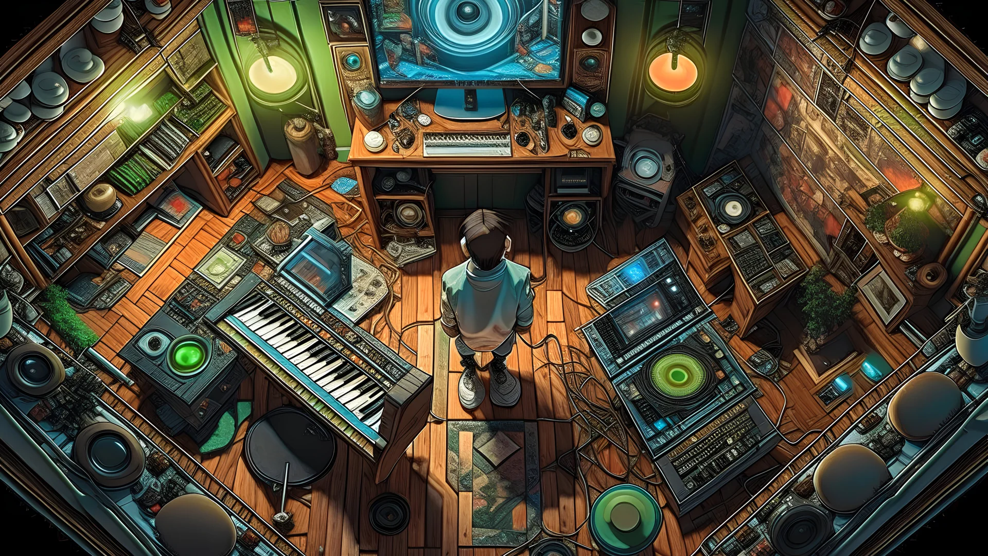 (top view perspective) a detailed cartoon psychedelic music producer all alone in his music studio haunted mansion (smoke filled room). analog music equipment all over. rare rave posters on the walls. tiny details in every corner of the room. urban background. 2 turntables and a mixer. gnomes hanging out in the room. crazy new music equipment that is futuristic. large speakers in the corner of the room. smoke rising to ceiling reveals "Tomasito". mushroom border.