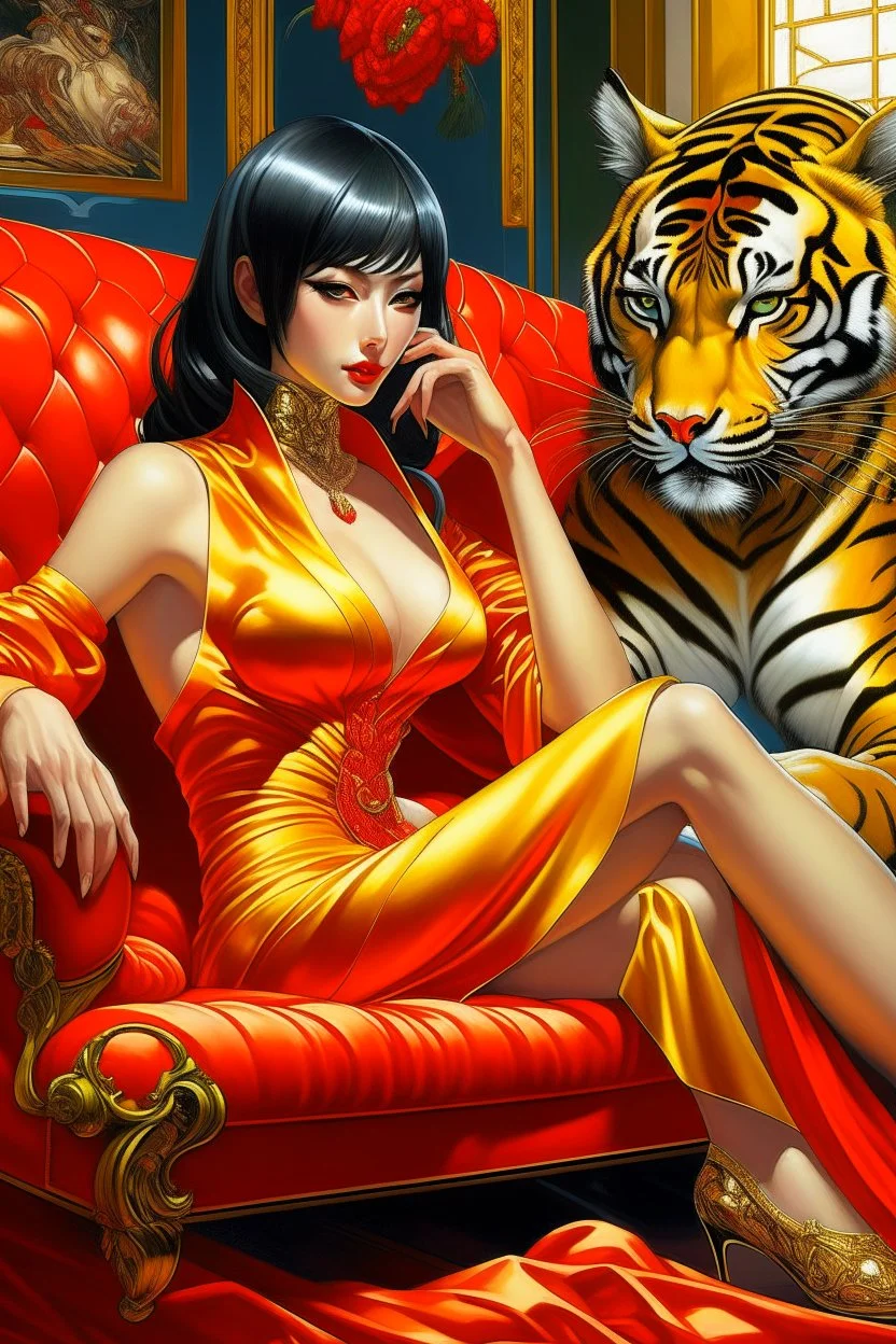 A digital painting by Kuniyoshi and Sorayama of a beautiful gynoid with a yellow dress sitting in a red couch next to a tiger's head.