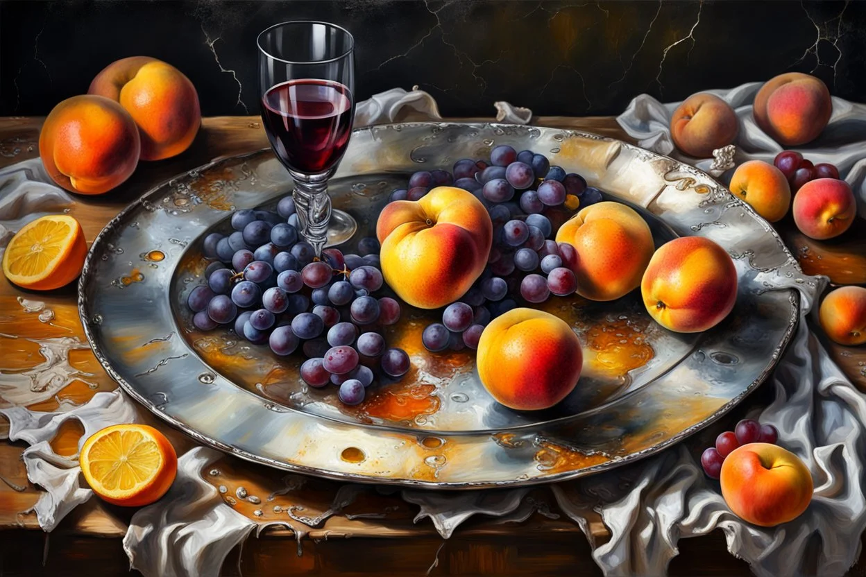 Create a masterpiece an oil painting on cracked canvas: of a Gleaming melting chrome serving tray with spent wine, partially decayed grapes, peaches, oranges, lemon's, walnuts, discarded dry stale bread and mouldy cheese, cloth draped over an old wooden ultra textured table, ultra-realistic portrayal, 8k resolution, rich cool tones, intricate textures, reflections, flawlessly polished exteriors, rule of thirds futuristic concept art of a still life Masterpiece. Modifiers: trending on Artstation