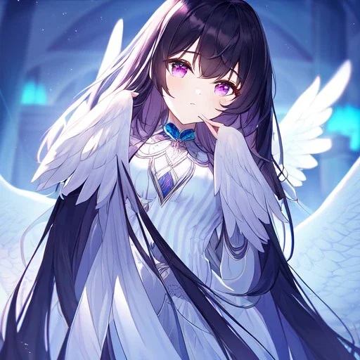 Clear focus,High resolution, Black long straight hair, Long bangs, and purple eyes, wearing a Angel outfit, Angel woman, hands in a praying pose, eyes closed