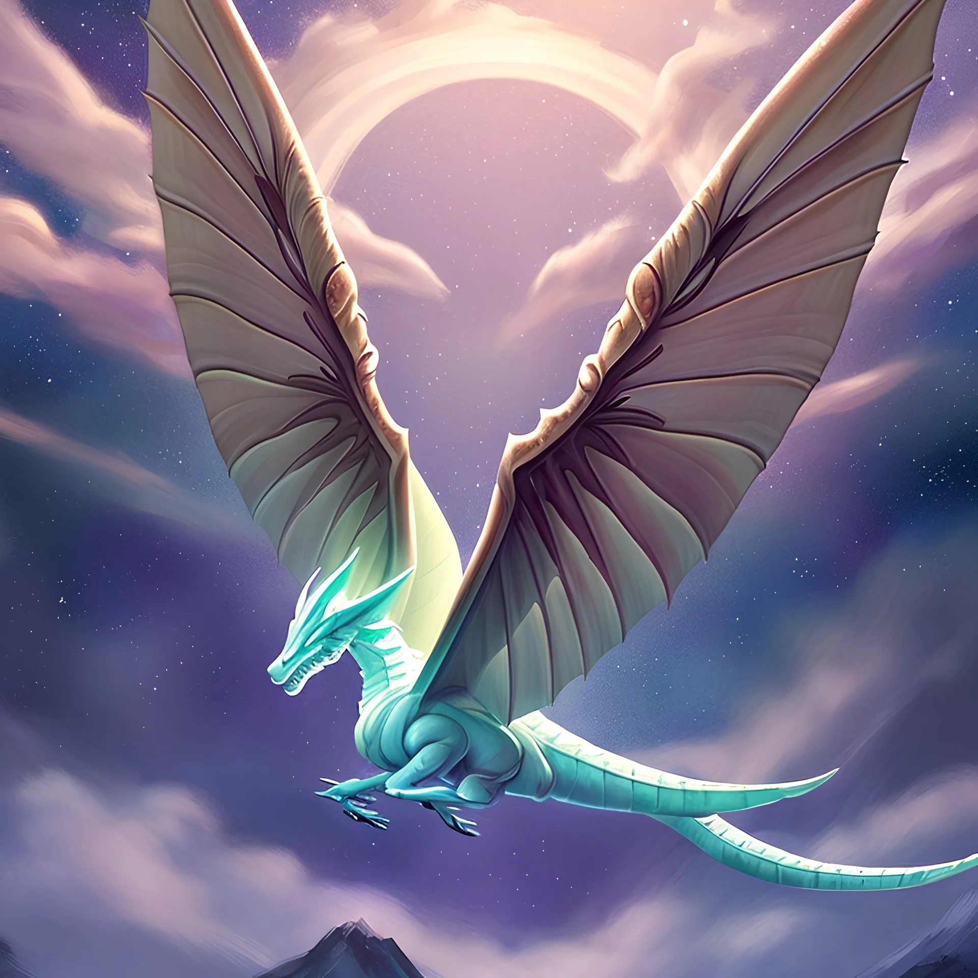 image framed with a thin border of celtic designs, story book cover format, A winged celestial dragon in flight above a forested mountain, against a background of brilliantly glittering stars, hd 4k, fine sharp detail