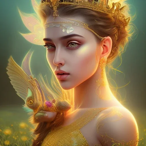 bright fairy, beautiful portrait, flowery landscape , hansika motwani , golden hour, crown