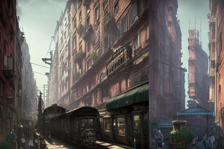 Corner Elevated Train run raid Train Canal River and corner shop greengrocer in colorful Italian street+Gothic city+BioShock+Dishonored+Bloodborne +trieste+Edinburgh+Chicago+victorian London+decòpunk Skyscraper+ +steampunk+biopunk+alphonse mucha, greg rutkowski,matte painting, cryengine, hyper detailed, felix kelly, fantasy art, seb mckinnon