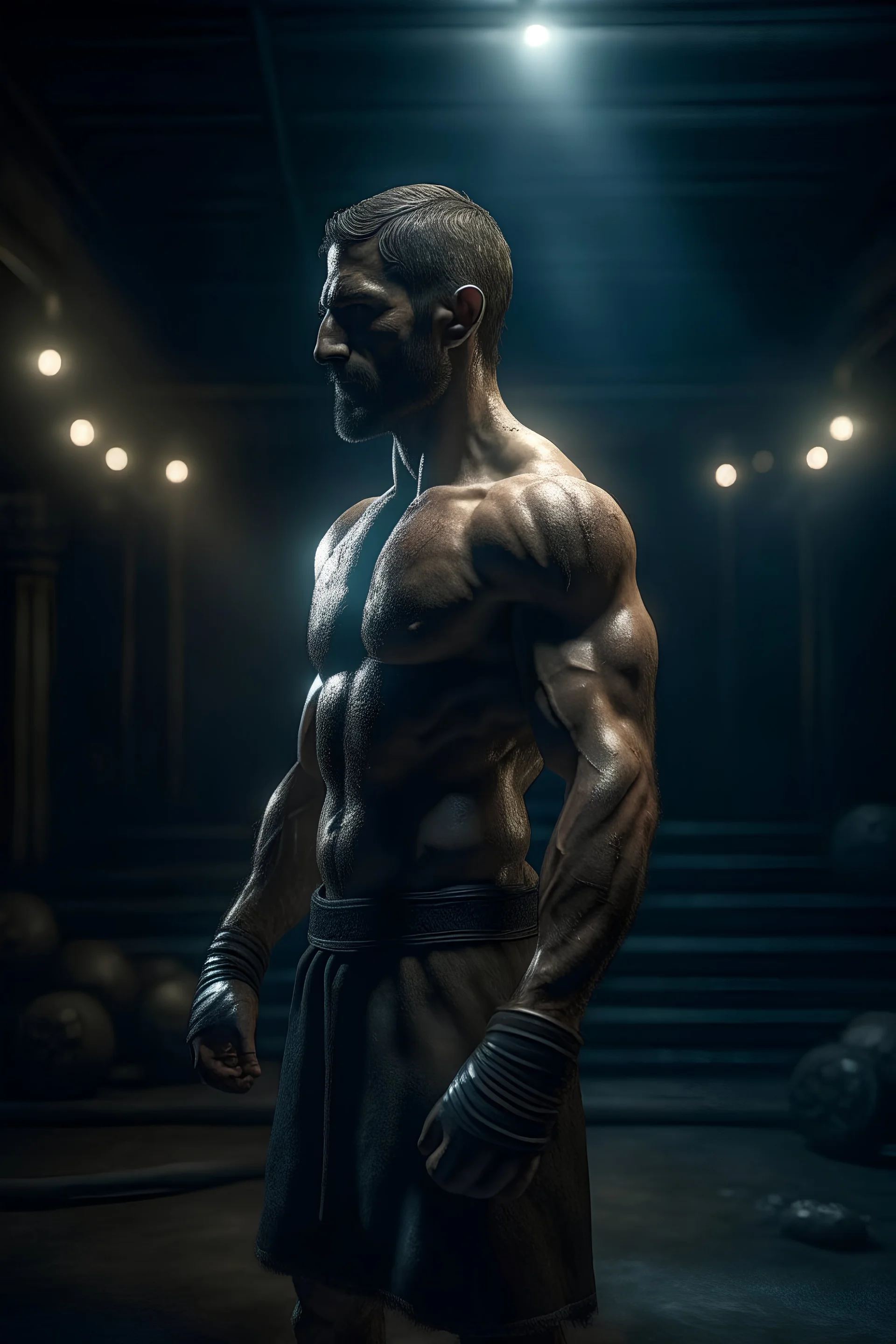 A Greek stoic man with muscles after a boxing match, cinematic, 8k, dark background, at night on abandoned ruins, some particles around, perfect composition, beautiful detailed intricate insanely detailed octane render trending on artstation, 8 k artistic photography, photorealistic concept art, soft natural volumetric cinematic perfect light, chiaroscuro, award - winning photograph, masterpiece, oil on canvas, raphael, caravaggio, greg rutkowski, beeple, beksinski, giger