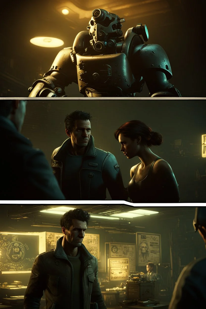 Nico Belic and woman in fallout 4 setting, bokeh, downlight, prize winning, depth of field, monster in background, stereoscopic cartoon storyline grid, glowing guns