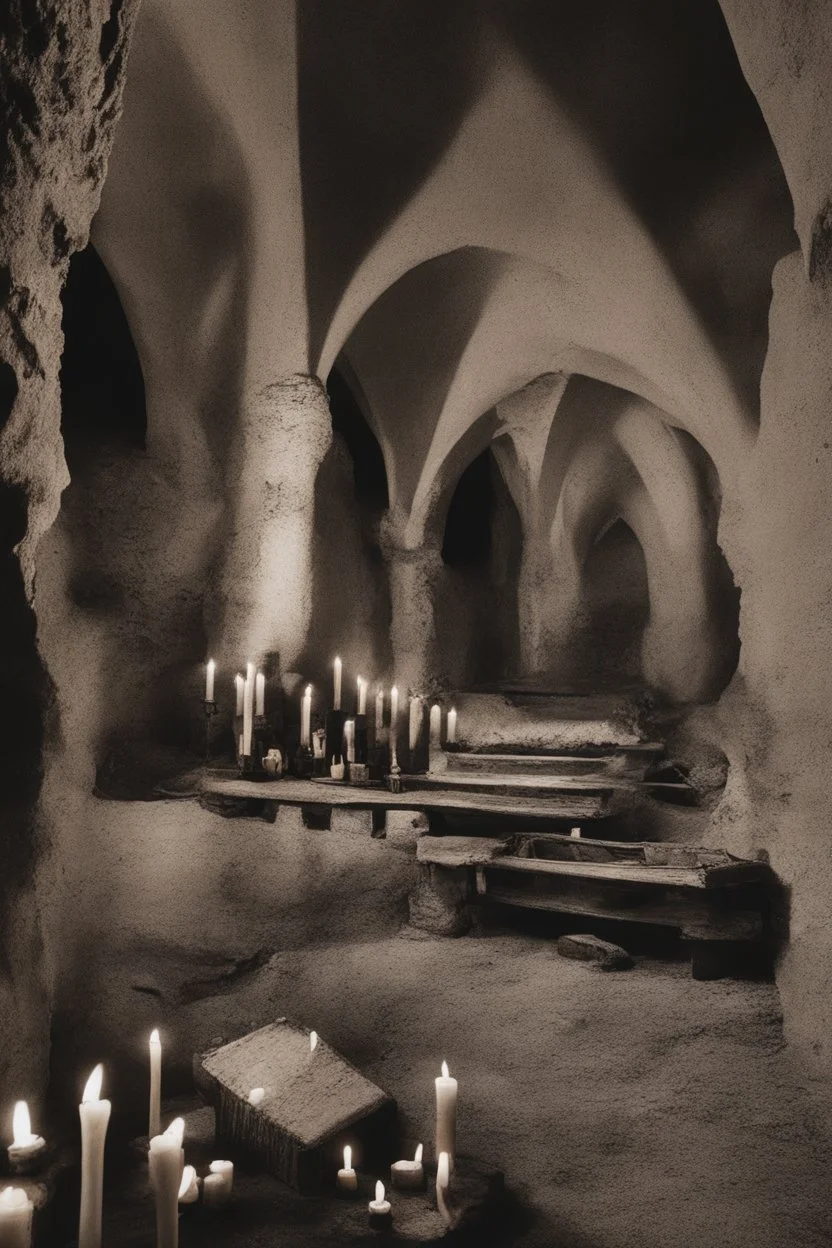 Background image, inside the catacombs of an ancient castle. Candles and dust, a coffin made of polished ebony