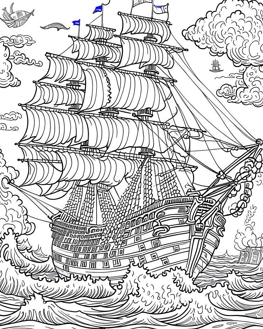 Create an exhilarating coloring page inspired by the Pirates of the Caribbean movie, featuring a majestic pirate ship sailing through rough seas. Challenge young artists to add their creative touch to billowing sails, the iconic Jolly Roger flag, and crashing waves. This black-and-white coloring adventure invites kids to embark on an exciting journey as they bring this thrilling pirate ship scene to life on paper.