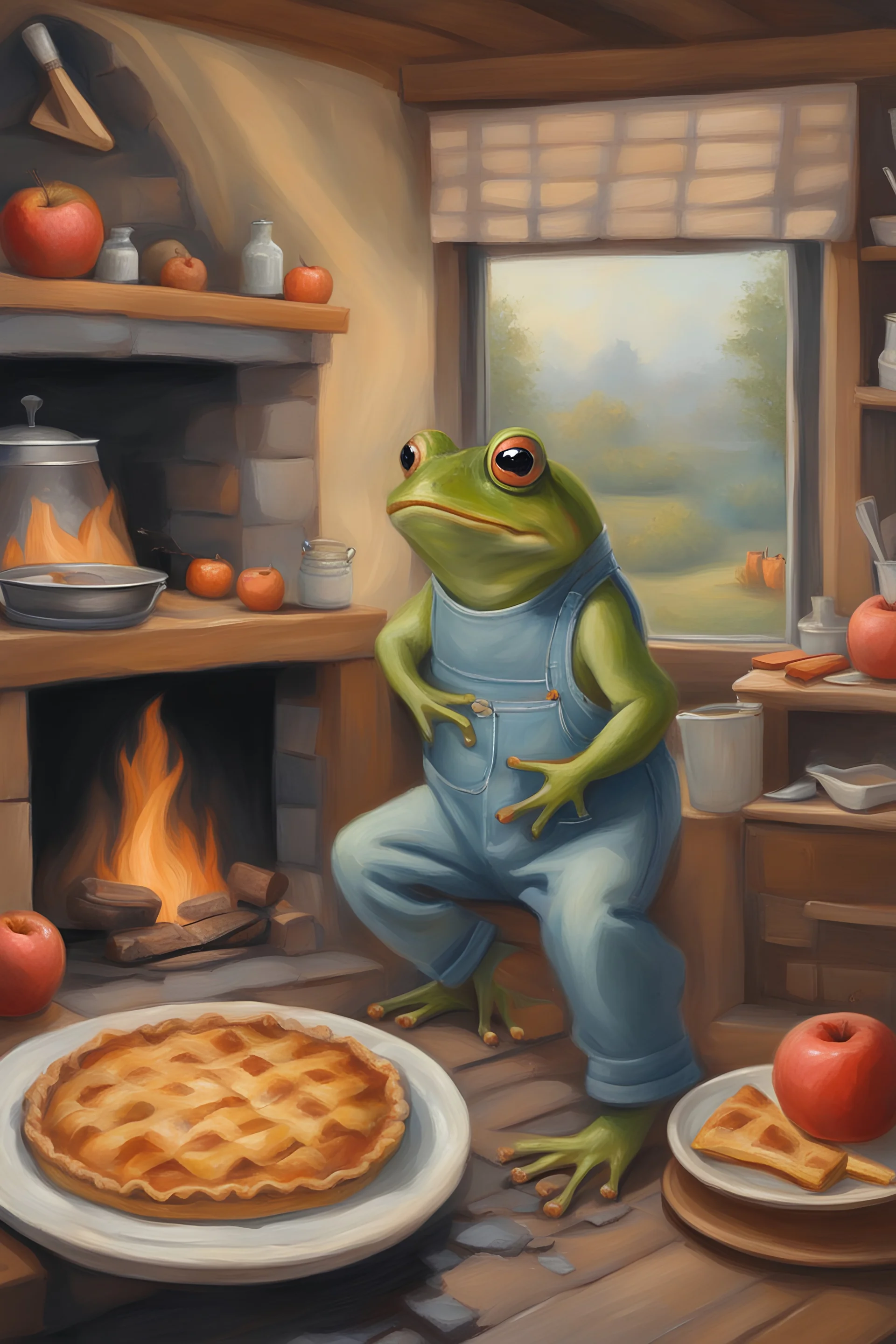 an oil painting of a frog with overalls baking apple pie in front of a cozy fireplace in his tiny home