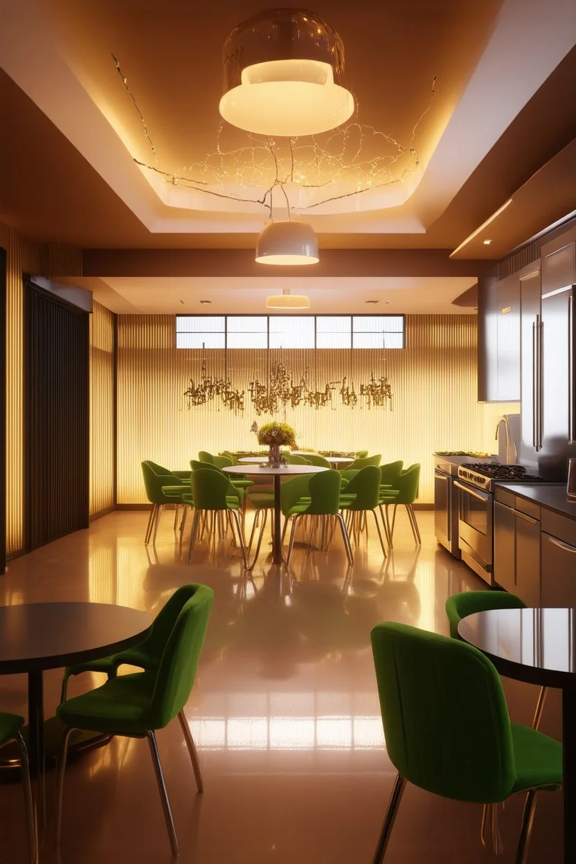 A 3D hyperrealistic image in 4K resolution of a modern party and birthday room approximately 100 square meters in size, with elegantly arranged tables, vibrant green chairs, and an abundance of warm soft light casting a celebratory ambiance, featuring a sleek kitchenette with stainless steel appliances and polished countertops, where guests can gather and mingle, surrounded by the warm glow of tabletop lamps and the subtle sheen of glossy flooring, with every detail meticulously rendered to crea