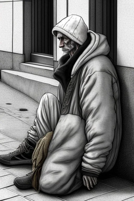 One single mature homeless cockatoo with worn out clothes, sleeping in a corner on the street, Vienna, mourning, model style, hyper realistic, extremely accurate, delicate, extremely detailed, Graphic novel style, wide-angle, open aperture, superfine pencil