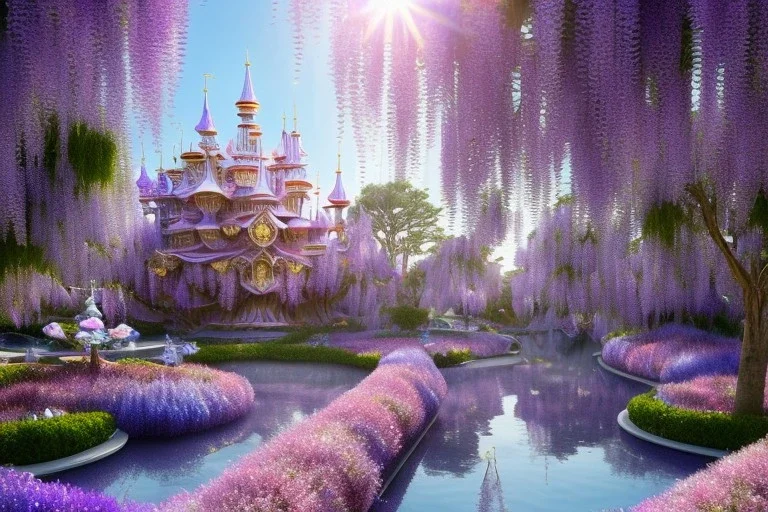 a magical crystal flower lys bougainvillier, arbor of pink wisteria, blue gold house crystal castle in wood of a lot of pink wisteria,blue lake,sun,white swanns,pink vertical, blue lake,sharp, vines, candlelit, endor, ornate, elegant, highly detailed, artstation, concept art, smooth, sharp focus, illustration, 8k, splash art, wallpaper, key visual