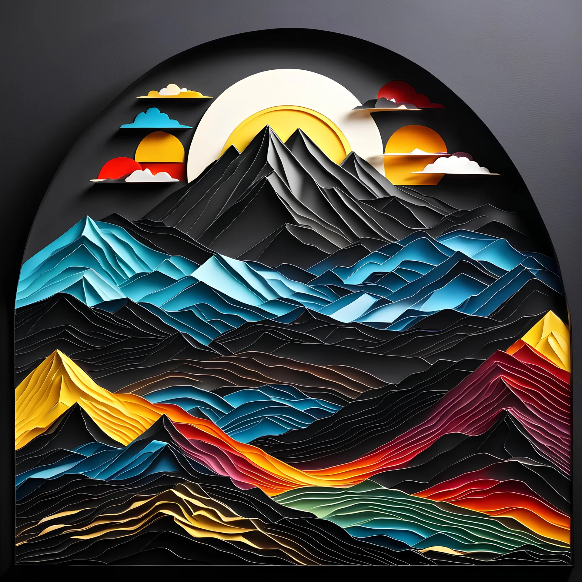 Completely dark black canvas, intricate paper art colorful Swiss mountain landscape, beautiful and strong precisely crafted sun, three-dimensional rendering with depth and texture.