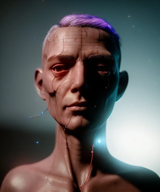 Ultra realistic photographic night portrait, cinematic, naked, shaved hair <man> <hanging wires> many wires coming out of the head <perfect pupil> <cyborg> <garage> <wide angle Shot> <sci-fi futuristic> <thriller>, fog, soft color, highly detailed, unreal engine 5, ray tracing, RTX, lumen lighting, ultra detail, volumetric lighting, high definition.