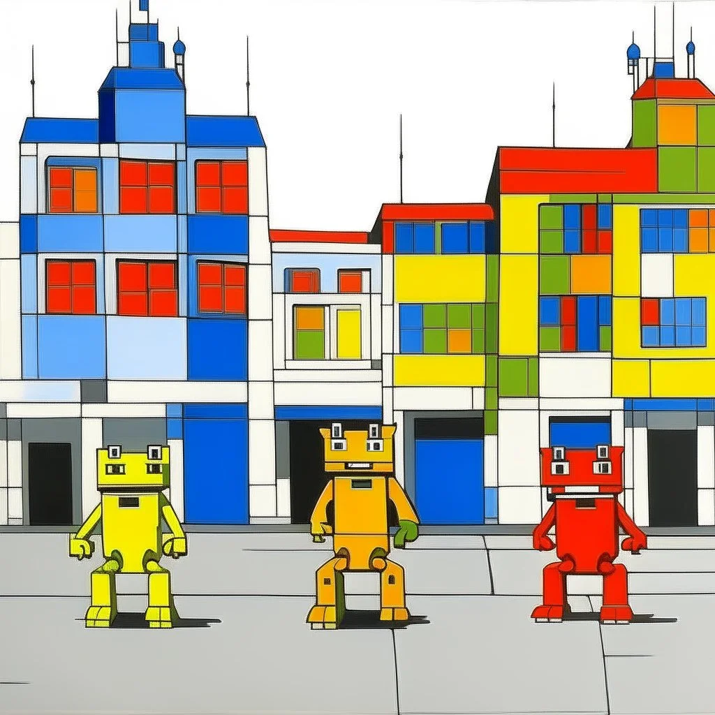 A small city with robots painted by Piet Mondrian