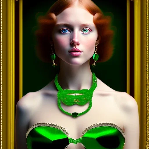 fullbody portrait of beautiful young busty atletic amazon Redhead woman with big Green sad eyes with big emeralds necklace by Jean Auguste Dominique Ingres 8k