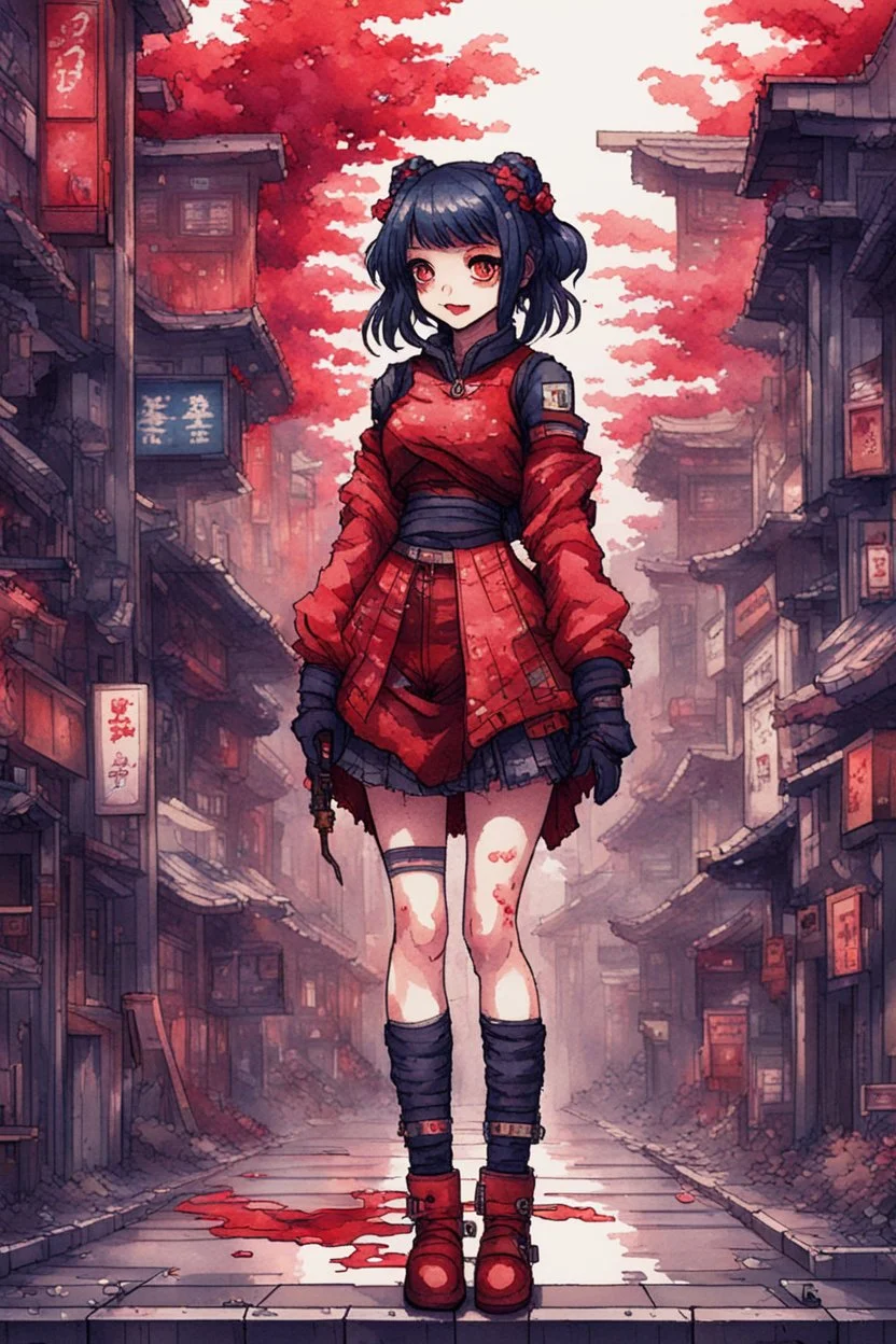 anormal, smile, blood, girl cute, full body, beautiful cyberpunk petit girl, hyperdetailed, behind made 8bits and Pixel Art, watercolor illustration by <Katsushika Hokusai>, darkred tones,