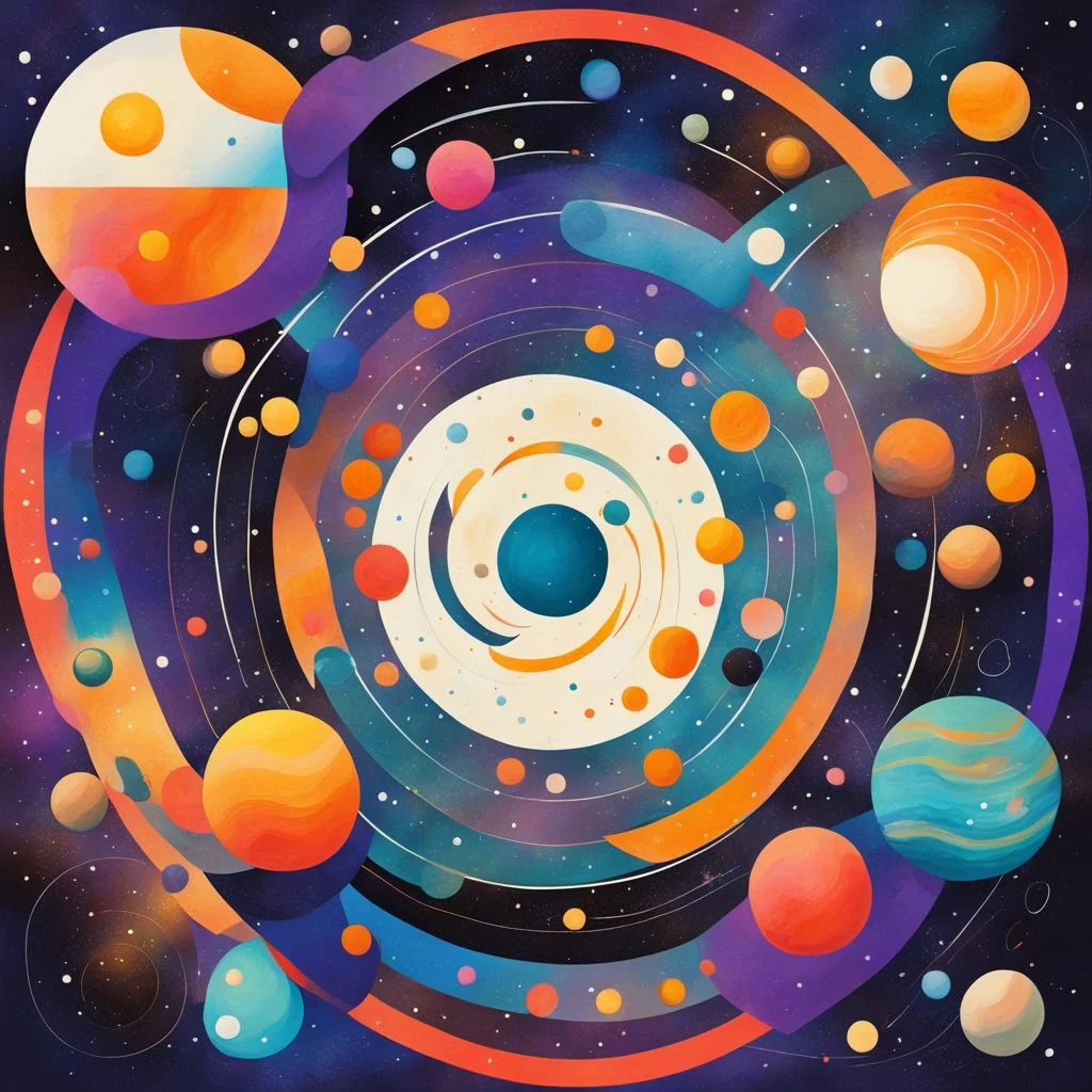 abstract galaxy painting with planets with circles and recangles shapes. Complex masterpiece. Flat colors.