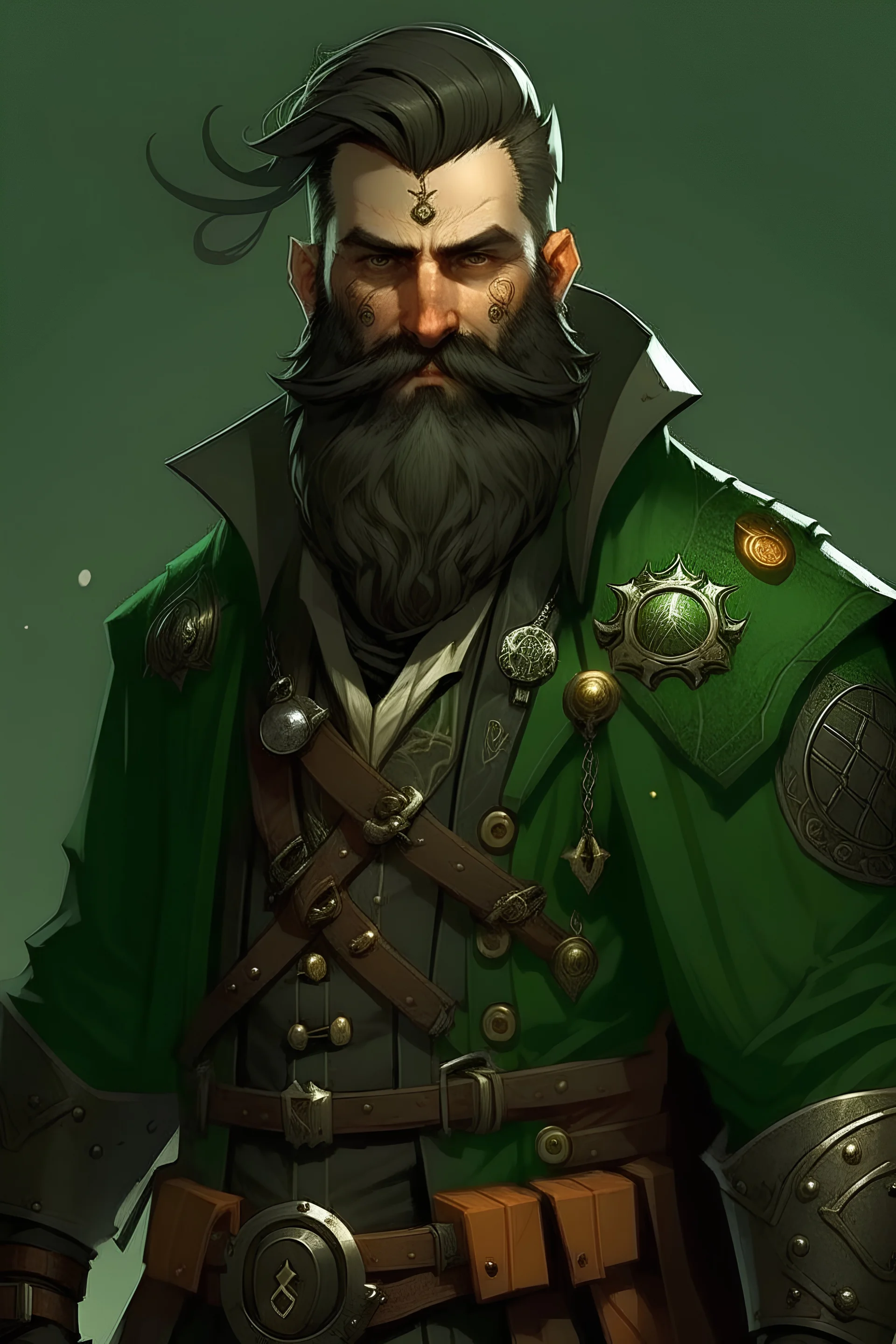 @Al3x He is a steampunk druid with a short and black haircut. He has a leather armor, a green coat with a good. He has a scimitar. He has a long beard.