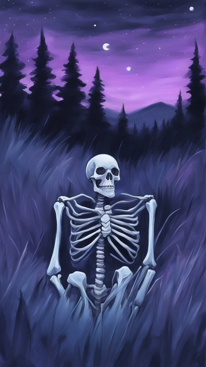 A sketchy oil painting from behind a skeleton sitting in the grass on the top of a hill, lookin into the night sky. A Forrest in the background. Painting. Purple colours. Blue colours. Night. Melancholic mood. Colorful.Pastel colours. Masterpiece.
