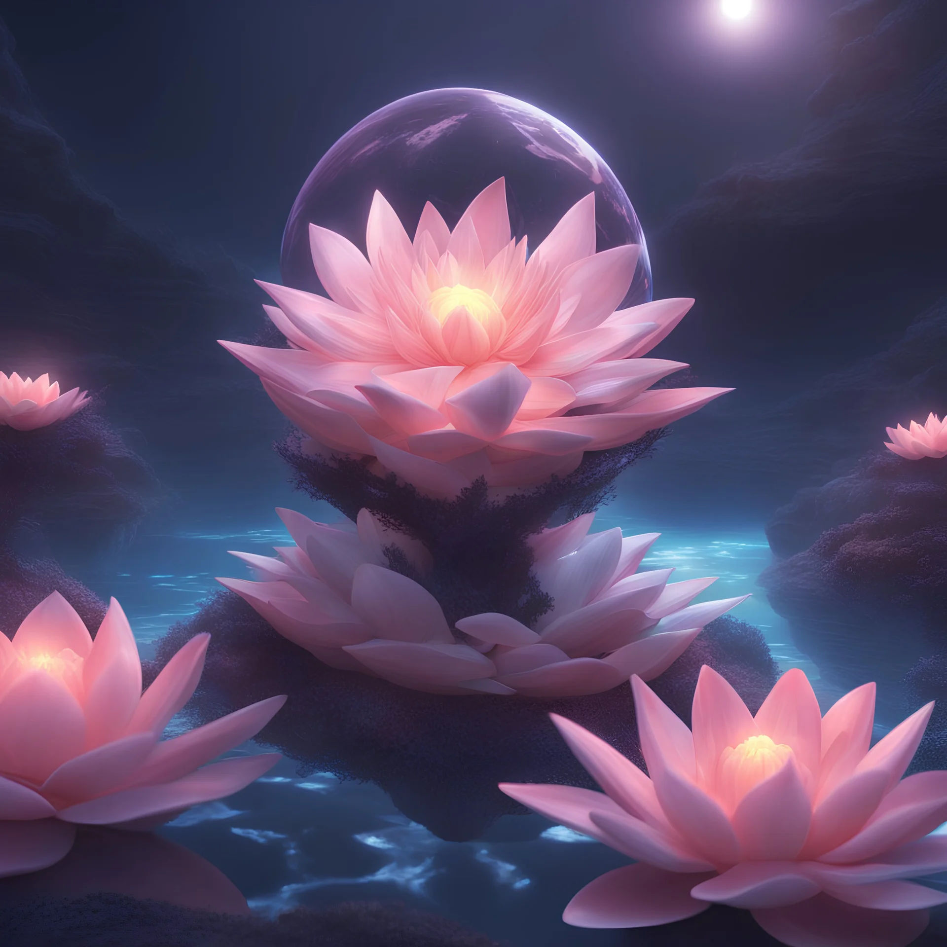 holy-dark-crystal divine fascinating frilled floral-lotus in magical shatter halo star egg coral magic circle,night pool,epic cinematic BG,hyper detail,hyper quality,hyper detail equipment,8k,Accurate lotus Anatomy,Enchant Color,Dynamic Light