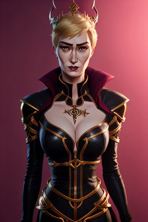 Cersei Lannister as evil queen in black leather, busty, cleavage, curvy, lena headay, angry, stern look. character design by cory loftis, fenghua zhong, ryohei hase, ismail inceoglu and ruan jia. unreal engine 5, artistic lighting, highly detailed, photorealistic, fantasy