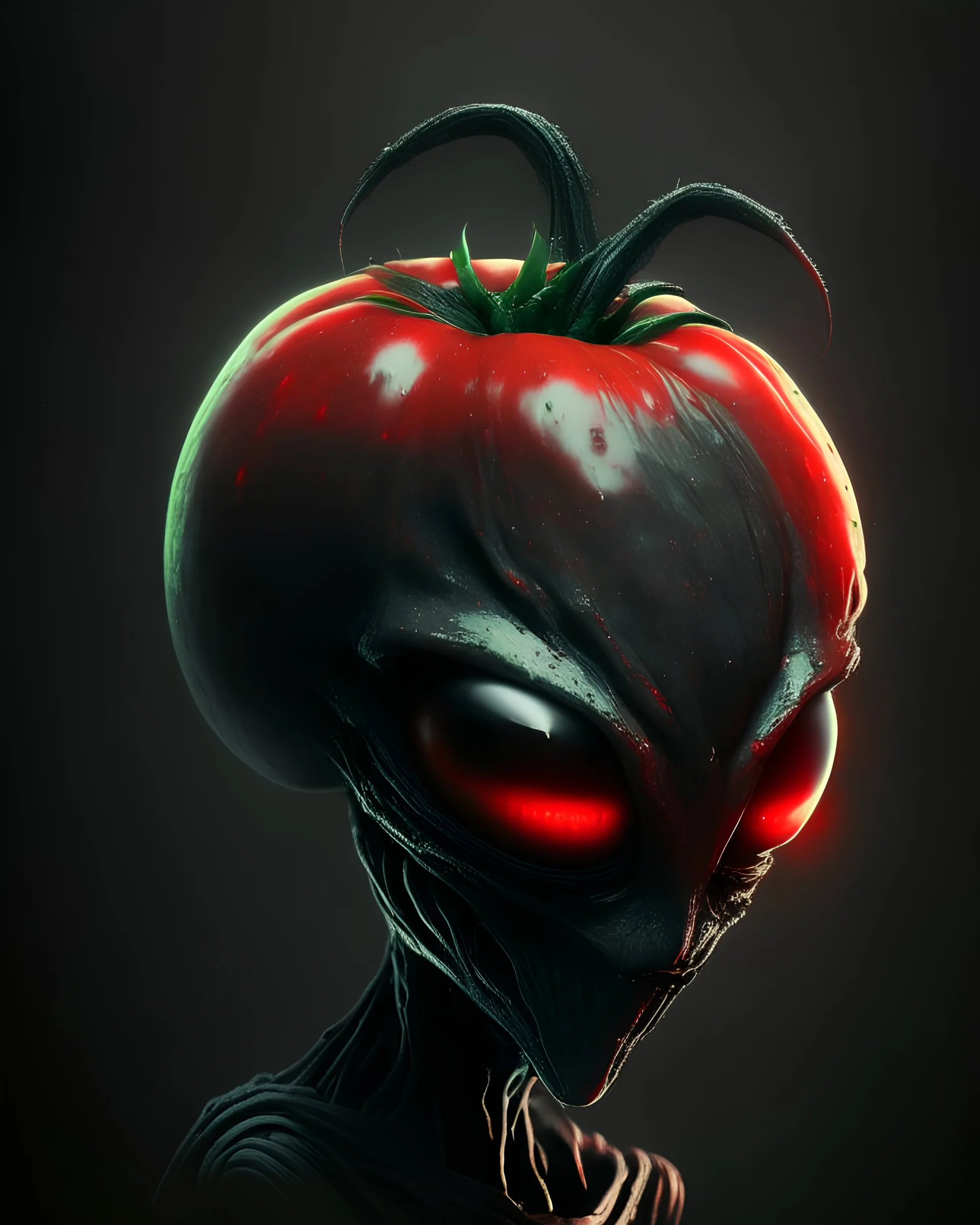 Dark, moody, high contrast, an alien with a tomato head