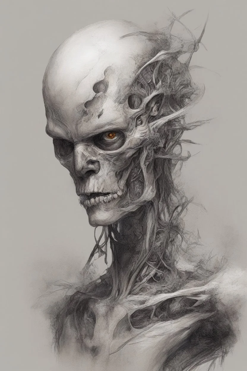 A creature half human half machine Busch painting style thine line draw