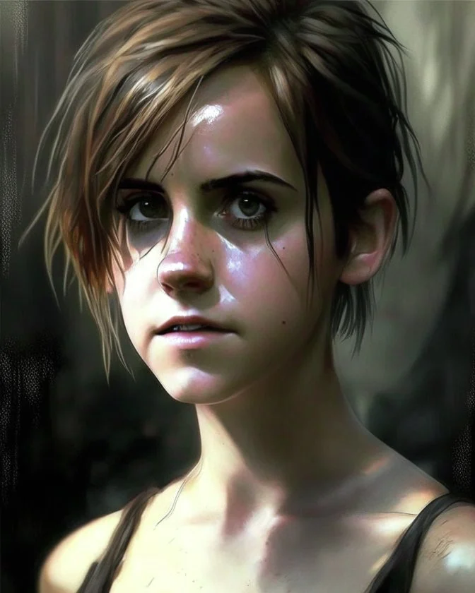 emma watson | The Last of Us hot,pretty face and body,full style,short hair black,