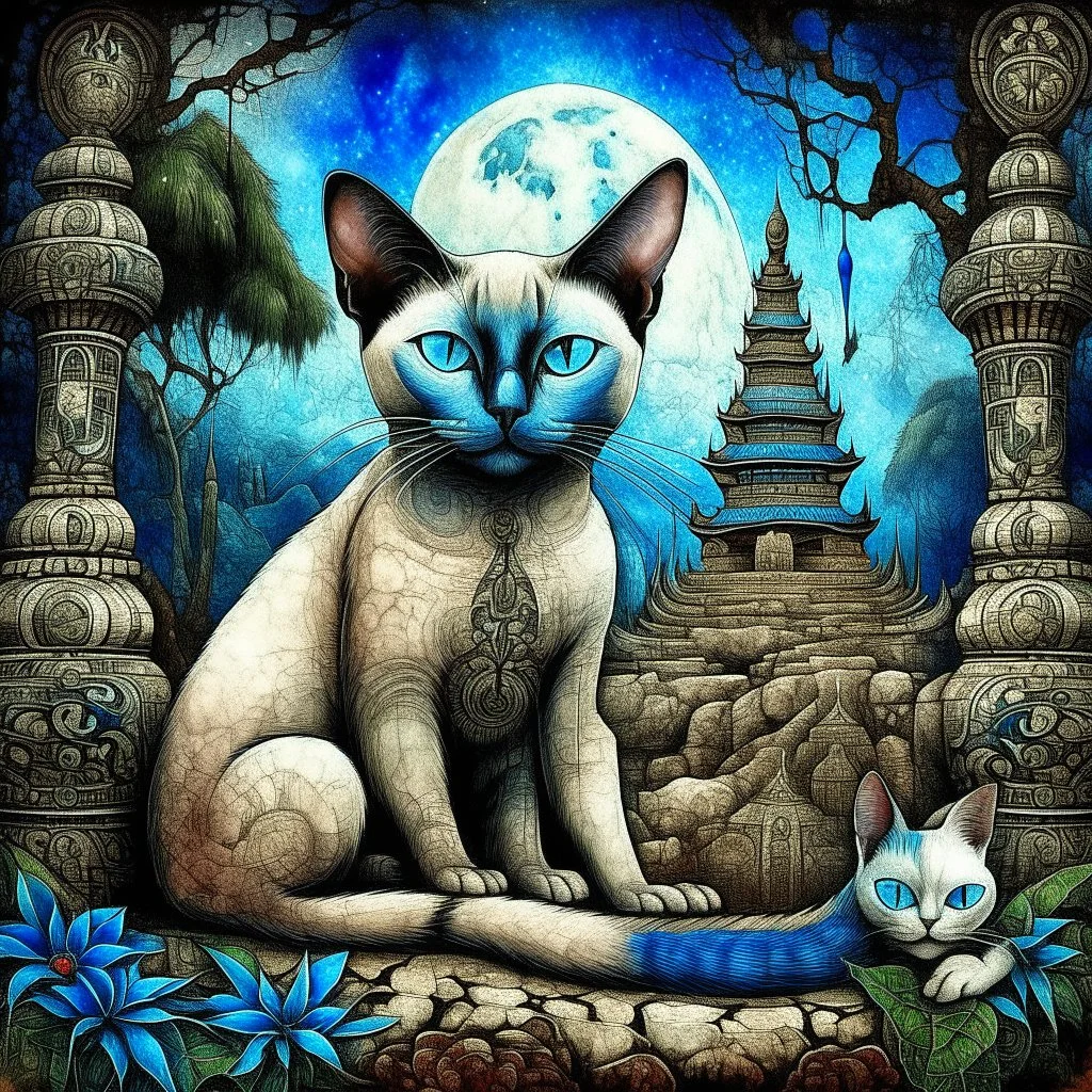 Surreal mixed-media combining wet watercolor, tempera paint, and fine line pen drawing of a stunning, slender, elegant, blue eyed, slender Siamese cat. Chocolate point. wedge shaped face, large ears. laying in the lap of a statue of mossy, old stone Buddha, on the grounds of a Thai temple, among vegetation and flowers, at dusk with shining stars and crescent moon in background. Dark overlay texture