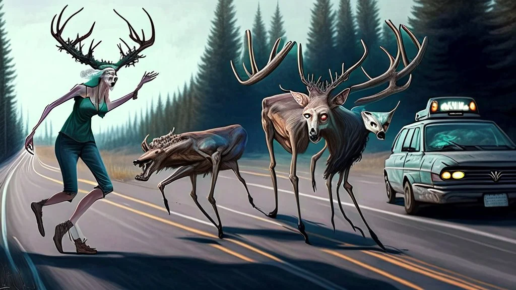 the deceased deer resurrects as an evil lovecraftian deerchad and chases an older drunk lady down the I90 highway