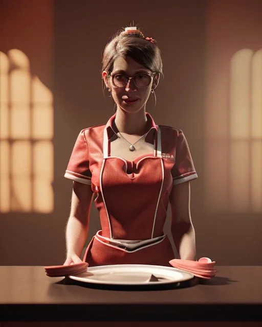 waitress woman with muppet head, real photo, concept art, retro style, smooth, unreal engine 5, god lights, ray tracing, RTX, lumen lighting, ultra detail, volumetric lighting, 3d.