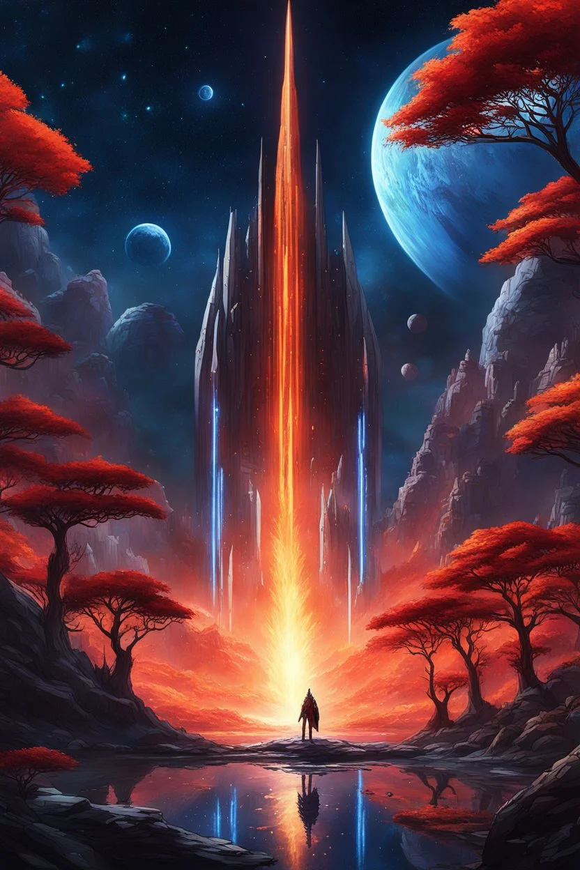 [spaceship, art of Studio Ghibli] The Stellaris nears the blue planet,Its red forests beckon with allure.The starship descends, flames ablaze,Through the celestial descent it endures.Stepping onto the crimson soil,The crew is awestruck by the vista.Towering trees, aglow with inner light,Creatures dart amidst the surreal landscape.