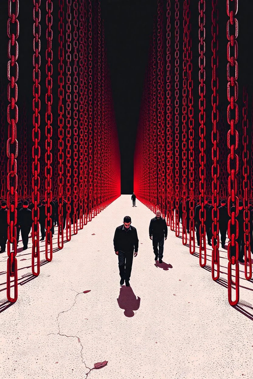 "A conceptual black-and- dark Red digital illustration of a massive chains prisons walking in the same direction, heads down, symbolizing conformity. The atmosphere feels lifeless and repetitive, emphasizing the ordinary mindset of the majority."