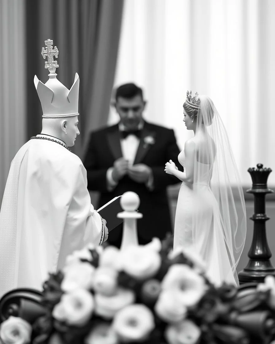 a chess bishop behind a wedding podium, with a chess king and queen getting married