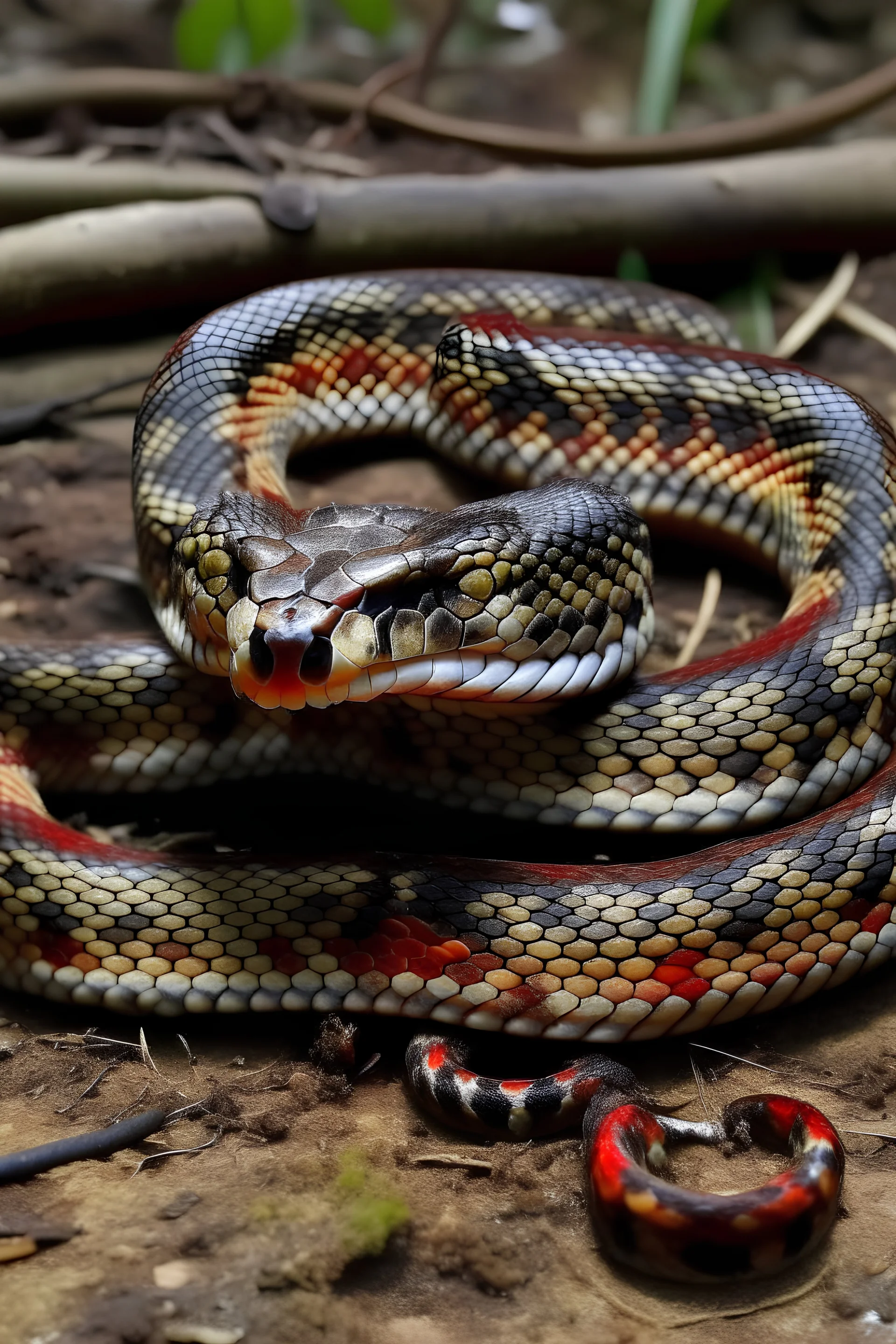 dead stabbed snake with blood