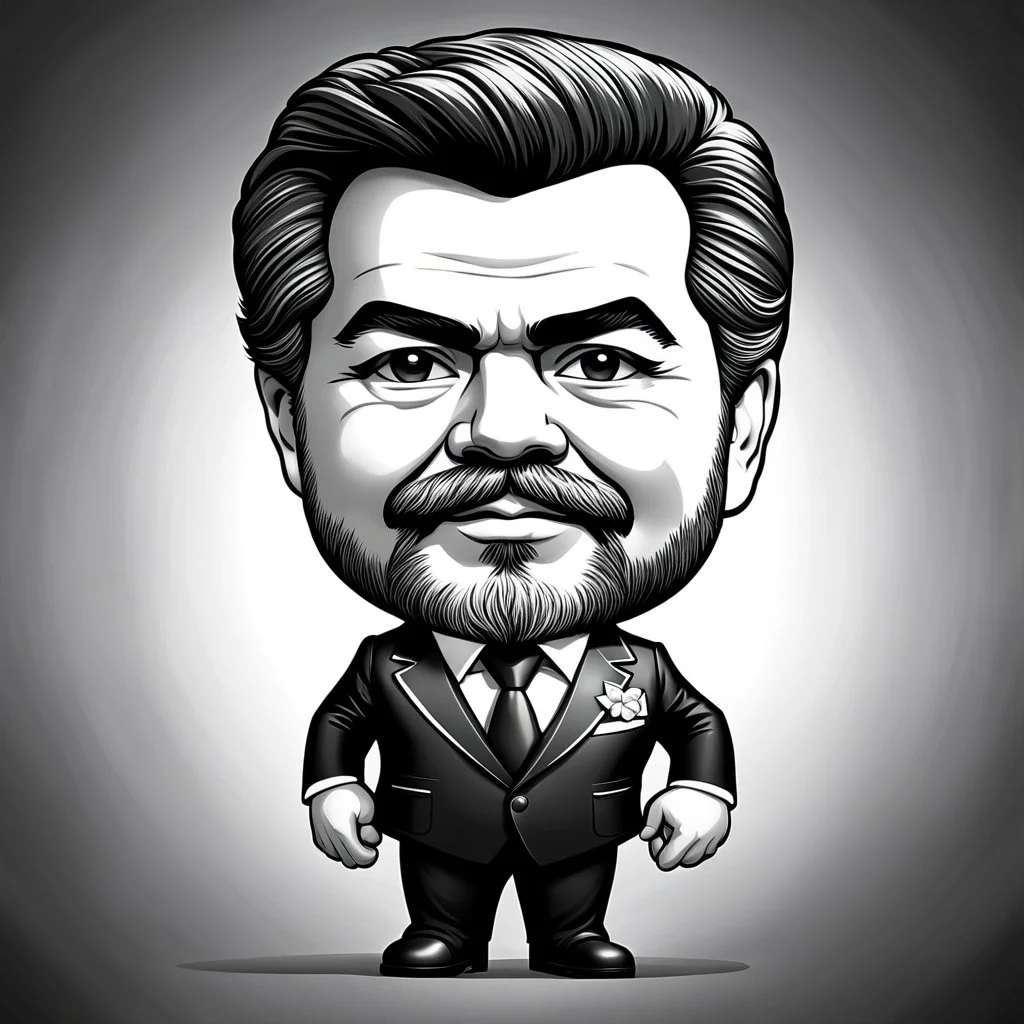 Retrato chibi de Luis Ignacio Lula da Silva presidente de Brasil, serio, calidad ultra, hiperdetallado, color blanco, y negro, full body