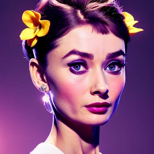 Audrey Hepburn has purple effect. She has beautiful eyes, Her hair flies in the air. with yellow flowers for hair, closed eyes, rtx, reflection, 8k, glow, winning photography, caustics