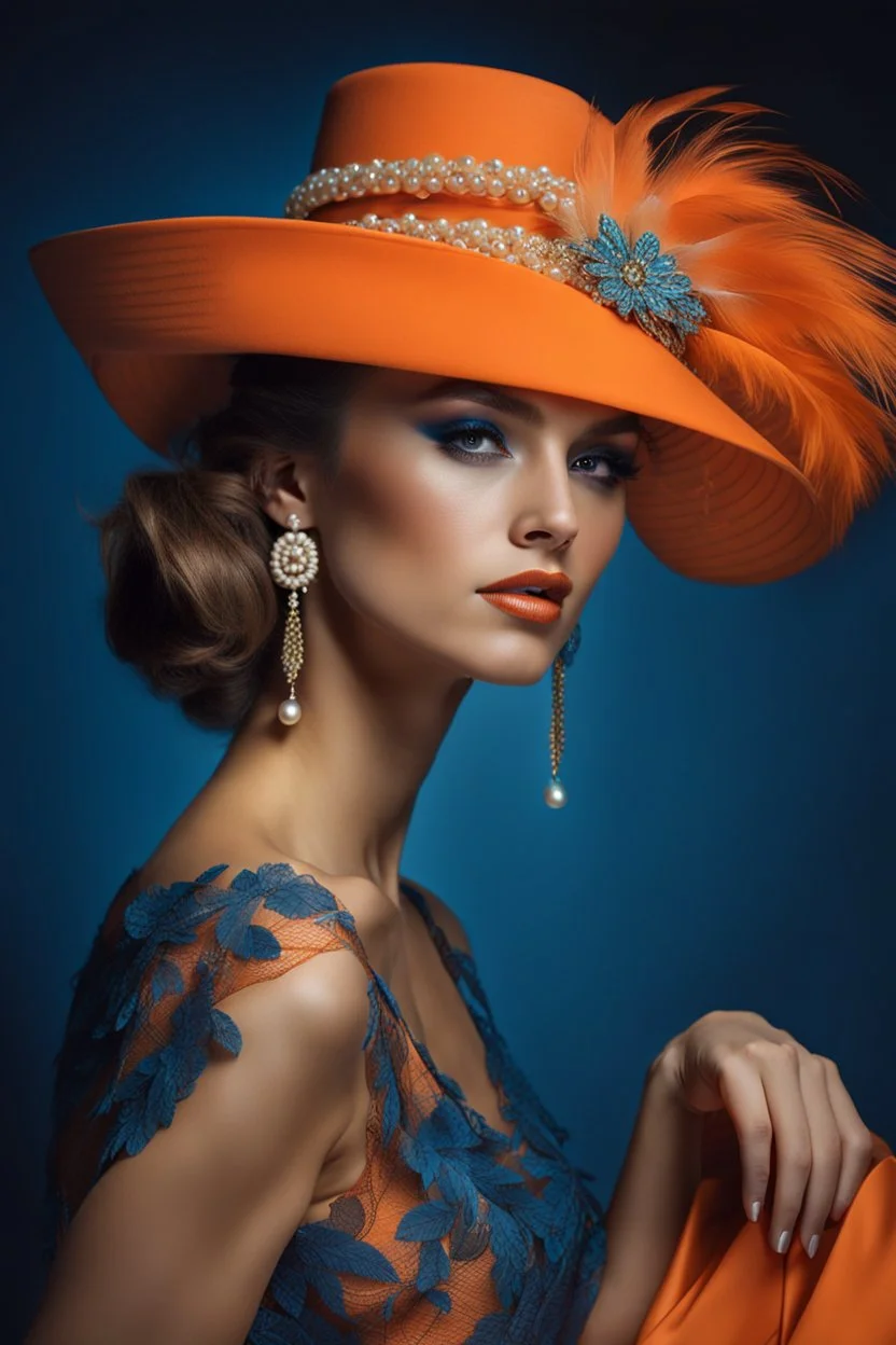 full body beautiful girl, elegant orange,lace clothes of the 80s, luxury style, small elegant hat with feather, hair of the 80s, pearl necklace, earrings masterful, beautiful face,blue backdrop