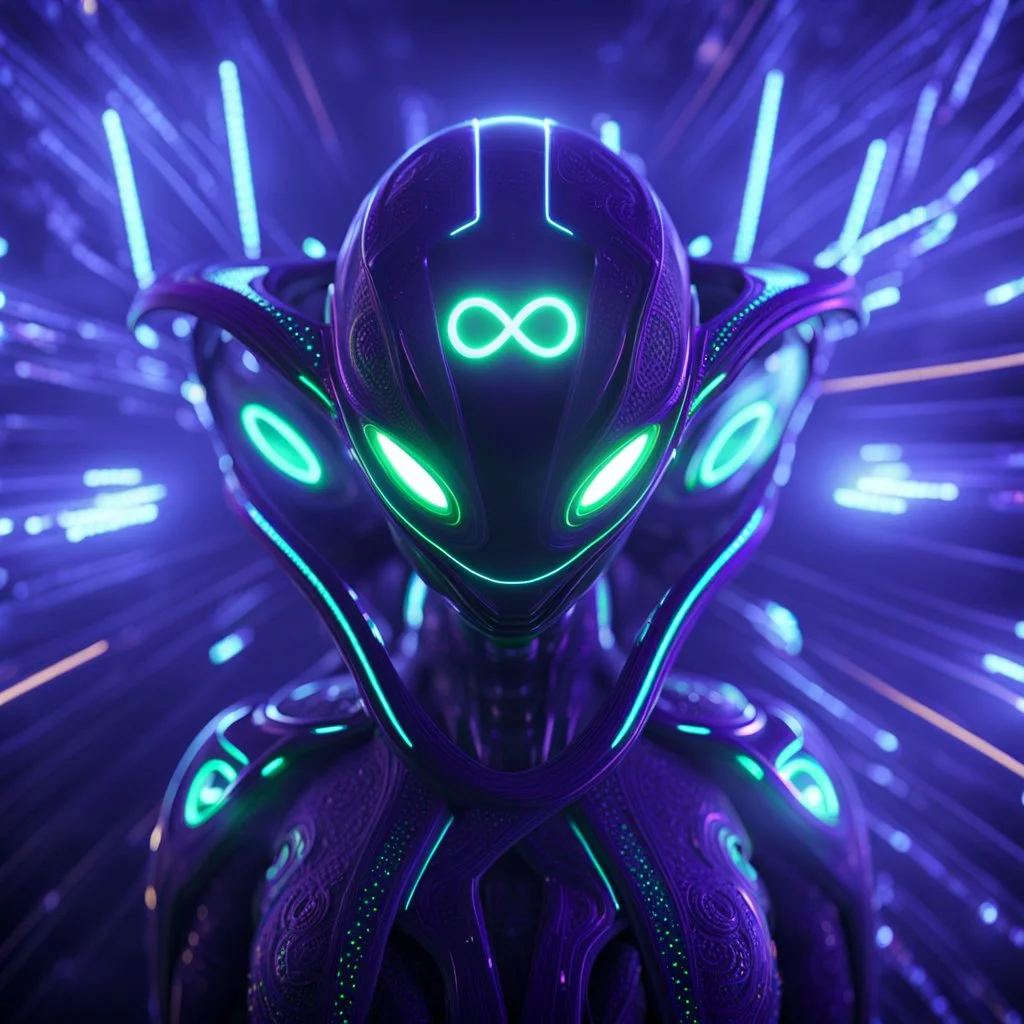 3D infinity symbol ∞ on alien's forehead, infinity figure-of-eight symbol is totally-symmetrical and glowing, exotic, neon, alien, inspiring, fantasy, scientific, friendly, beautiful, octane render, 8k post-production, artstation: award-winning: atmospheric: commanding: fantastical: clarity: 16k: ultra quality: striking: brilliance: liquid medium: stunning colors: amazing depth; lens: f/8, 28mm