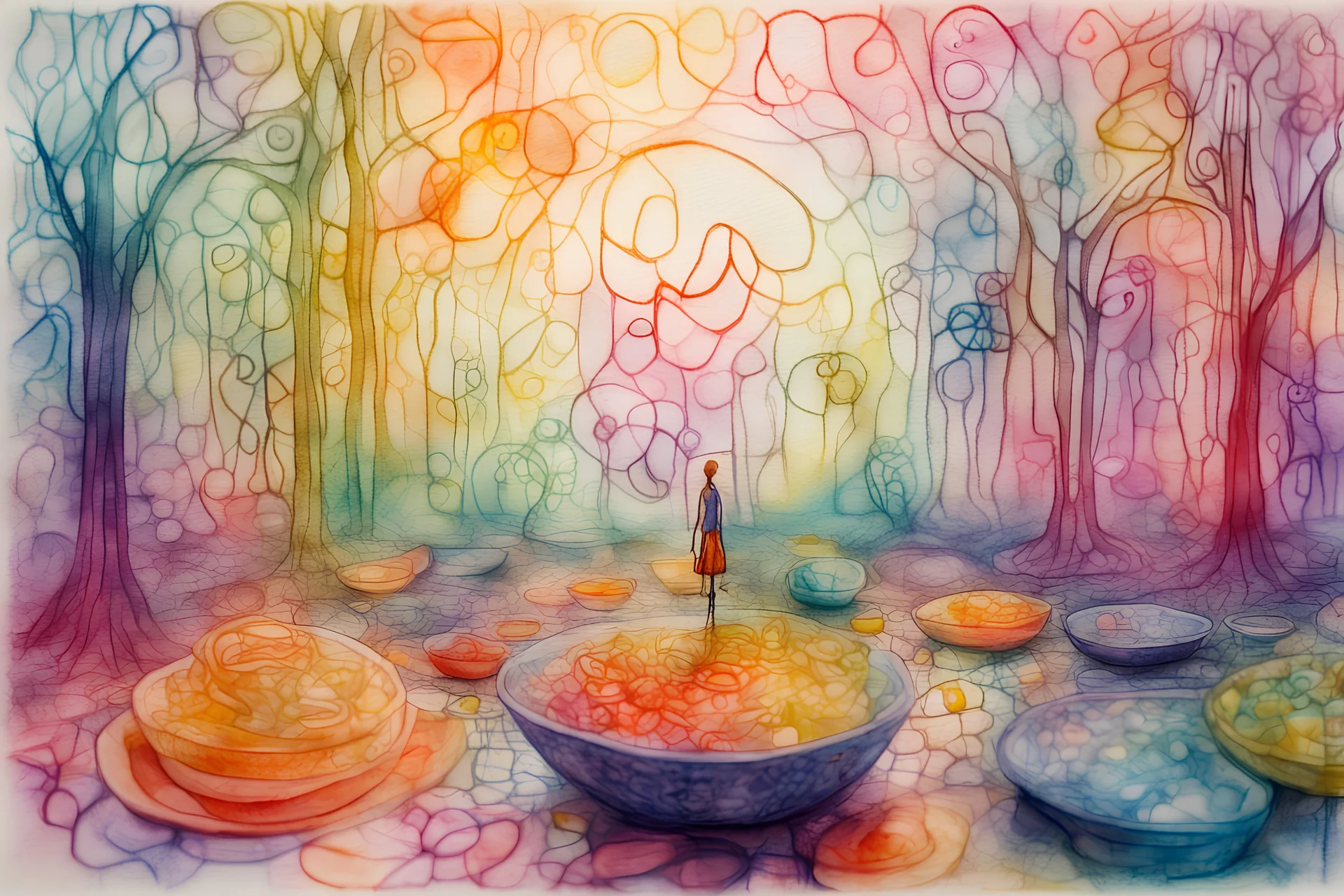 knitted dream, food, neon colors, styles of Paul Klee Dee Nickerson and Tim Burton, melting watercolor and black ink outlines on wet paper, soft, shading strokes, in sunshine, ethereal, otherwordly, cinematic postprocessing, bokeh, dof