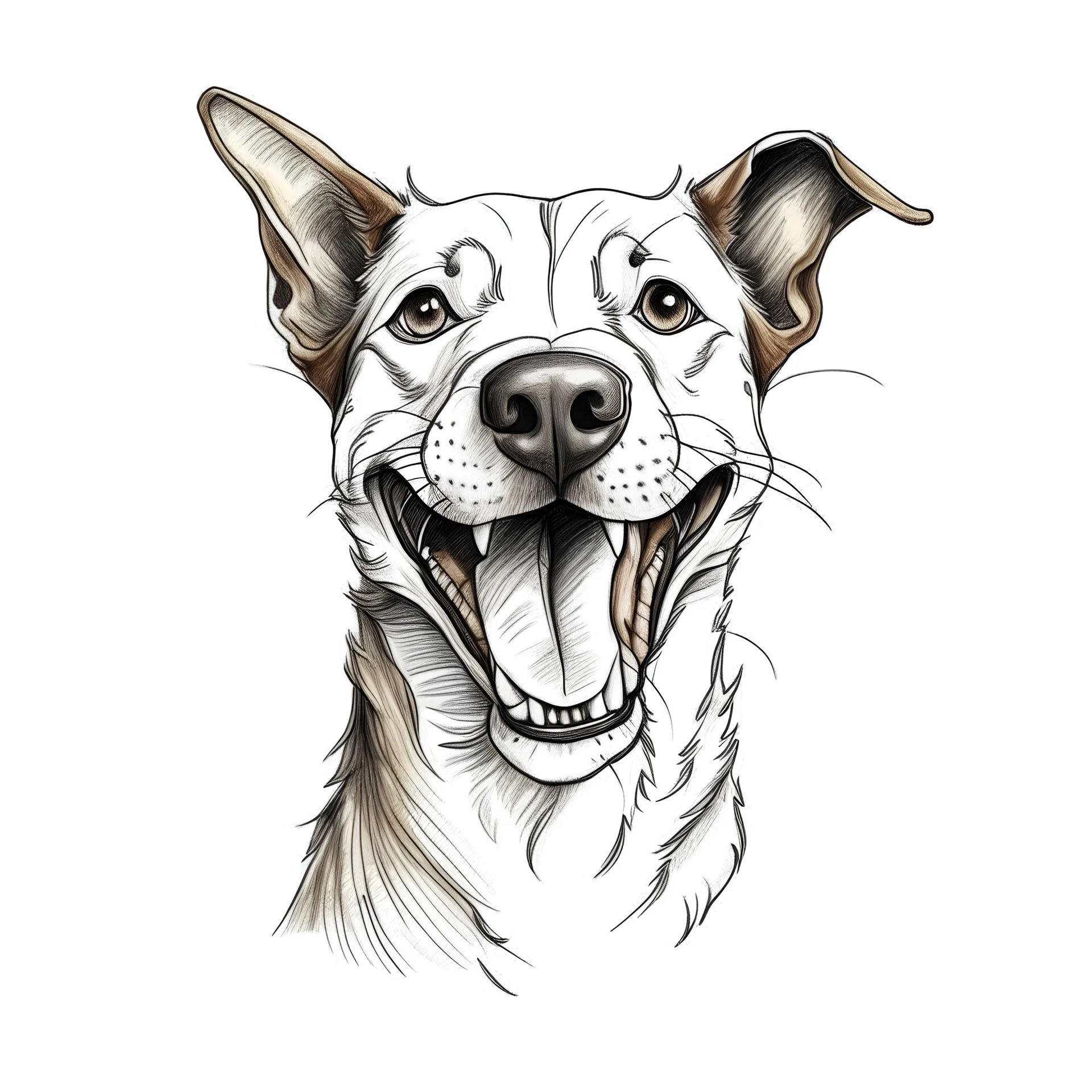 A pencil-drawn dog's head with an open mouth on a transparent background