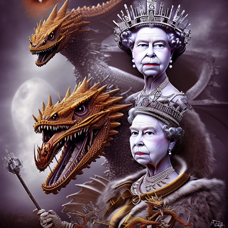 epic photo of queen elizabeth riding a dragon by tim burton