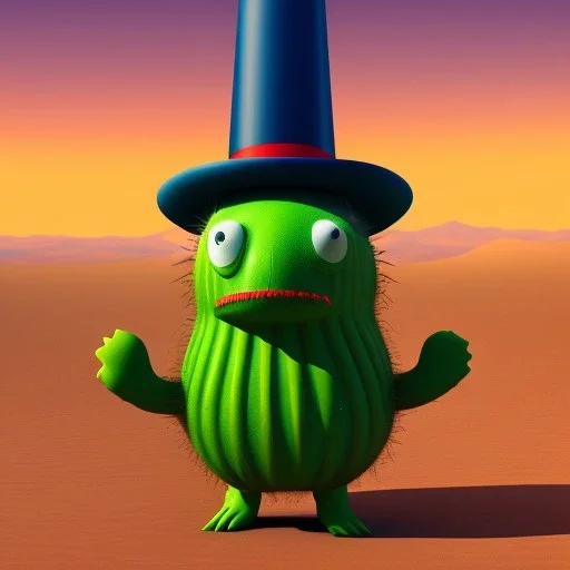 A giant, talking cactus wearing a top hat and monocle, standing in the middle of a desert oasis.