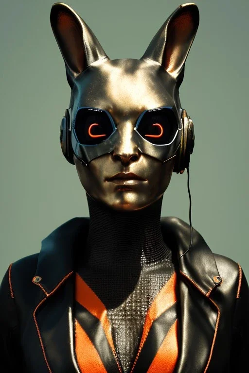 Medium Close Up Portrait, Front image. cyberpunk, rabbit mask, british woman, long hair. Latex suit army. Orange, black, color. Rocketer style. Color background, photo studio. Avatar image, highly detailed, concept art, smooth, unreal engine 5, ray tracing, RTX, lumen lighting, ultra detail, volumetric lighting, 3d, finely drawn, high definition, high resolution.