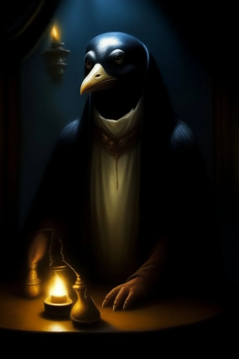 1970's dark fantasy cover dnd style oil painting frontal webcam picture of pengu the penguin, slave owner dark lord. dark mist and candle lights. Gold coins.