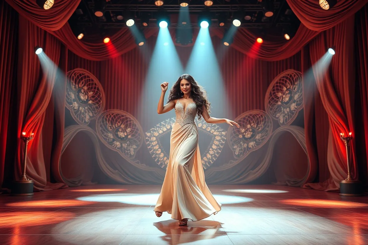 modern stage with dark-brown cream theme artistic decoration , color full dynamic lighting, a beautiful lady in maxi dress with shining silver jewels ,curvy long hair,dancing, 3D recursive fractal structure animating background