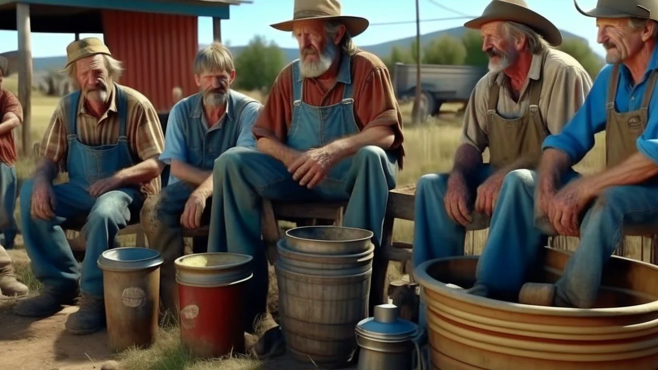 In a mesmerizing combination of brilliant and fading shades, photorealistic,an insanely detailed photographof a family get together of flimsy mid western ugly and dirty hill billy farmers in ragged overall and holed shoes, eating from a carbage bins outside a mcdonald restaurant 8k UHD