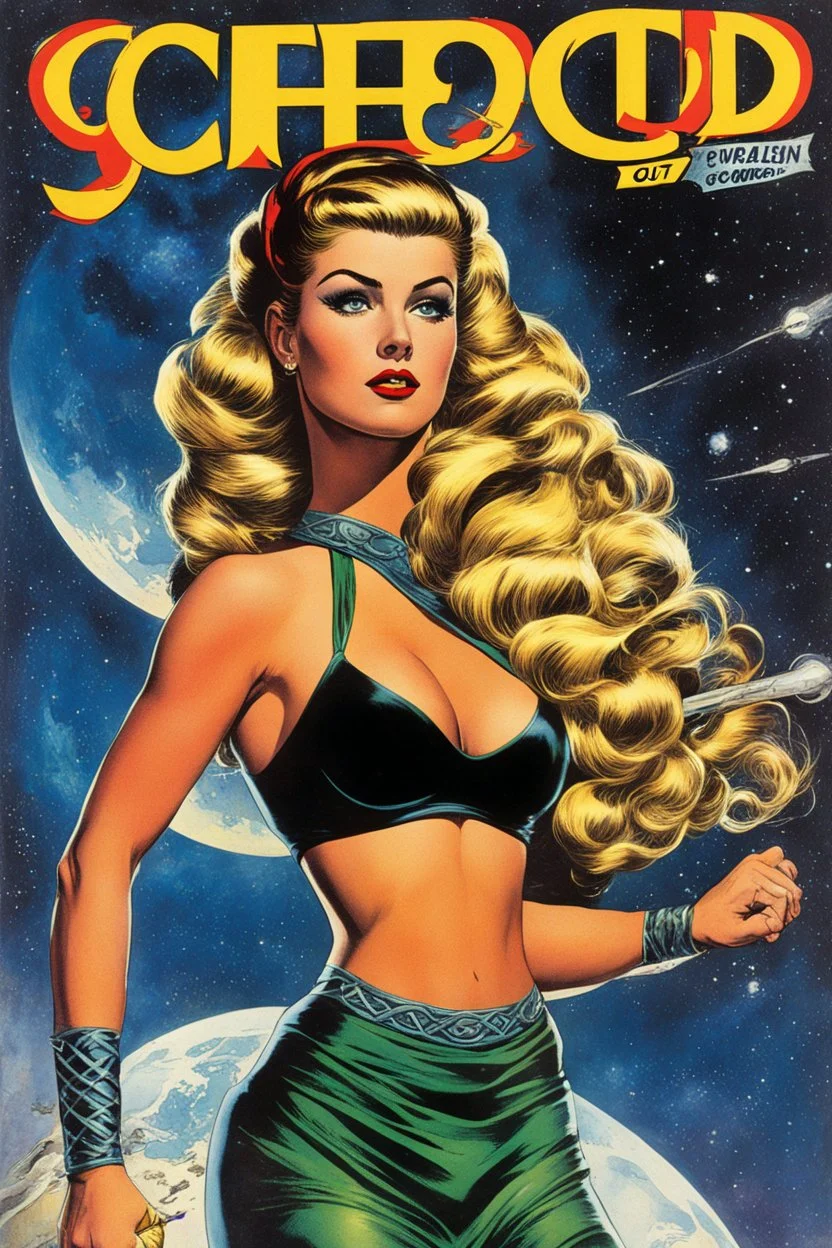 Attention, comic book enthusiasts! Prepare to be captivated by this remarkable cover that transports us to the golden age of comic artistry. Out of This World #9, published by Charlton Comics in August 1958, showcases a breathtaking Celtic girl with mesmerizing braids, donning a dark, tight sport outfit that accentuates her every curve. The colors transport us to a realm where ancient legends and modern heroism collide, while shadows add an air of intrigue. Let us applaud the artistic prowess of