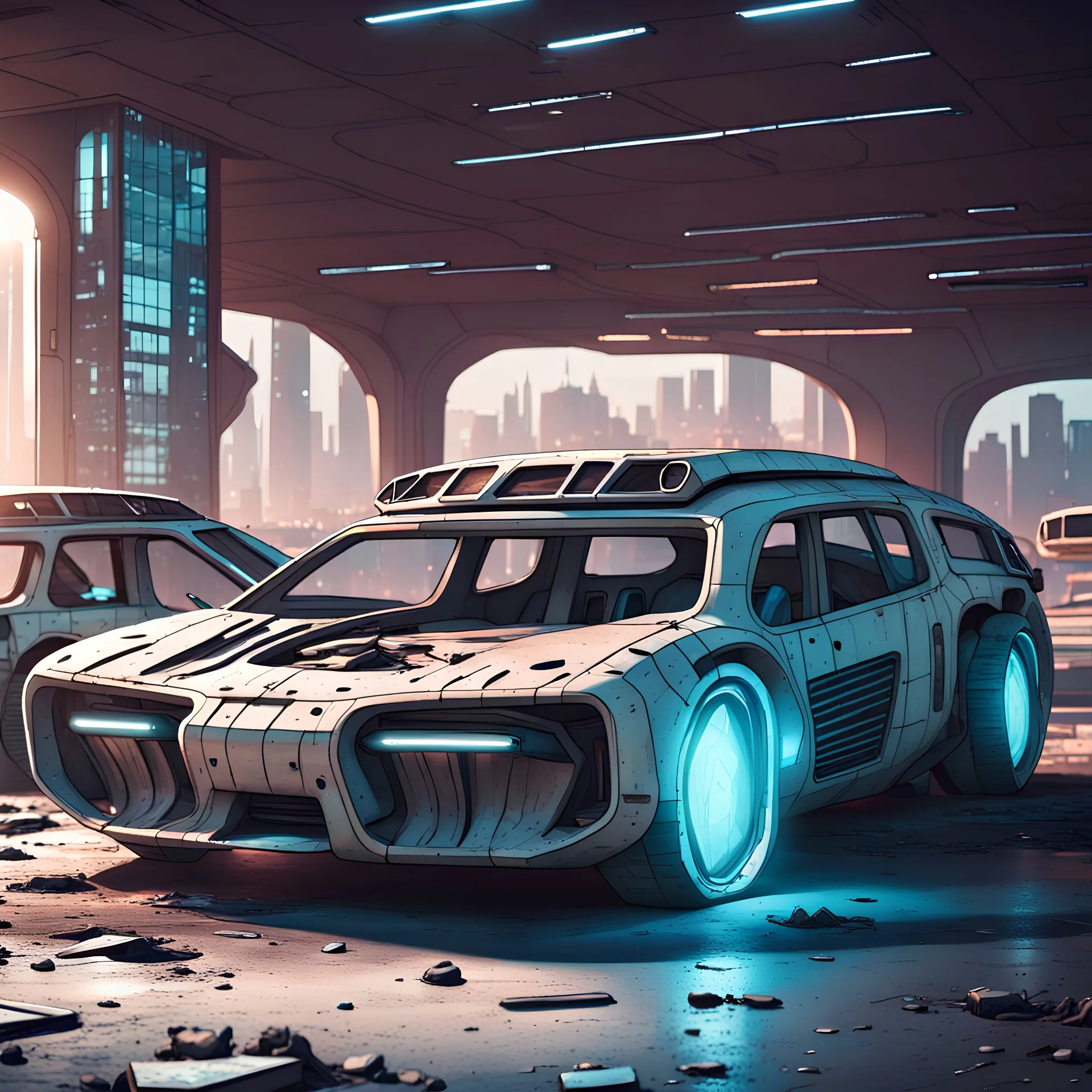 Opuštěný futuristický automobil na špinavém parkovišti na okraji futuristického města, cel shading, ráno